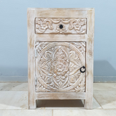 Handmade Indian Furniture Solid Hard Wood Floral Carvings Bedside Table Whitewash (Set 0f 2) 45x40x70Cm